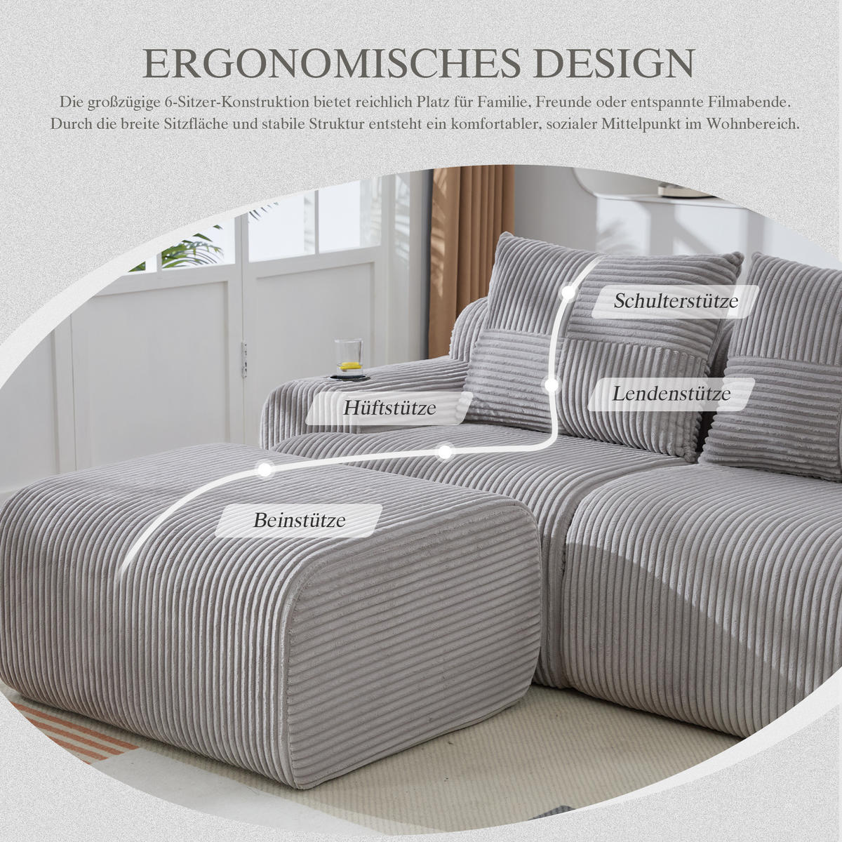 MODULARES 3-Sitzer Sofa Cordstoff mit Getränkehalter und Seitentasche 268/174/80 cm Hellgrau - Hellgrau, Textil (174/268cm) - Redom