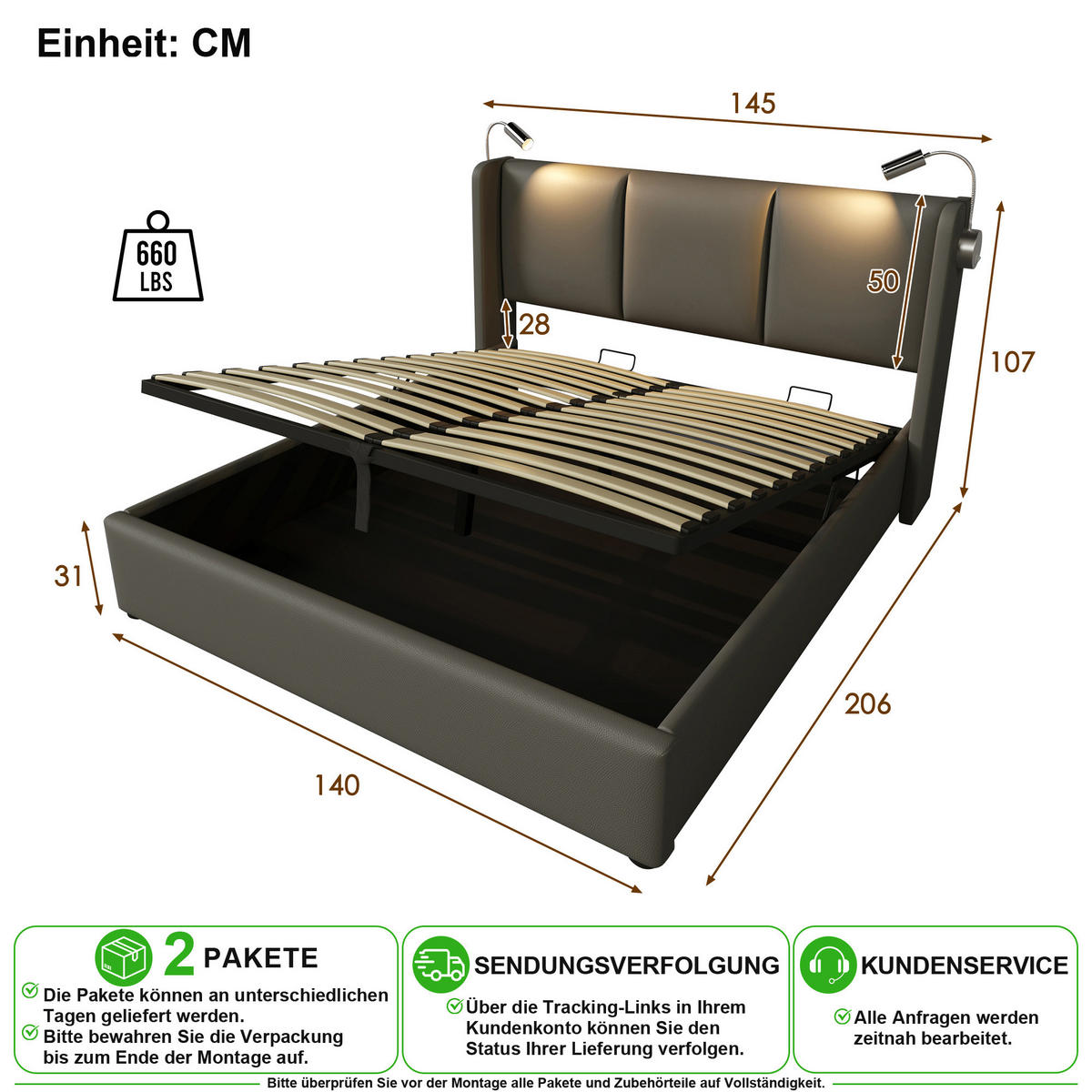POLSTERBETT 140/200 cm in Grau mit Bettkasten, Leselampe und USB Kunstleder - Grau, Holzwerkstoff/Textil (140/200cm) - CHICFURN