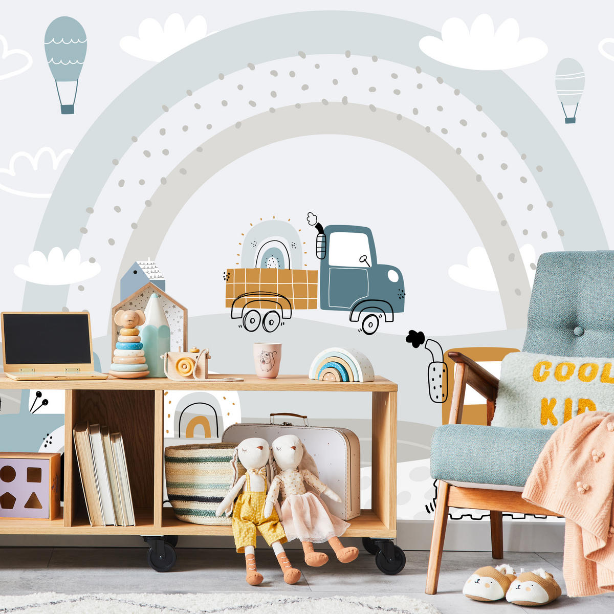 FOTOTAPETE für Kinderzimmer Baumaschinen Regenbogen Hügel Wolken 350x256 - Blau/Beige, Papier (350/256cm) - Muralo