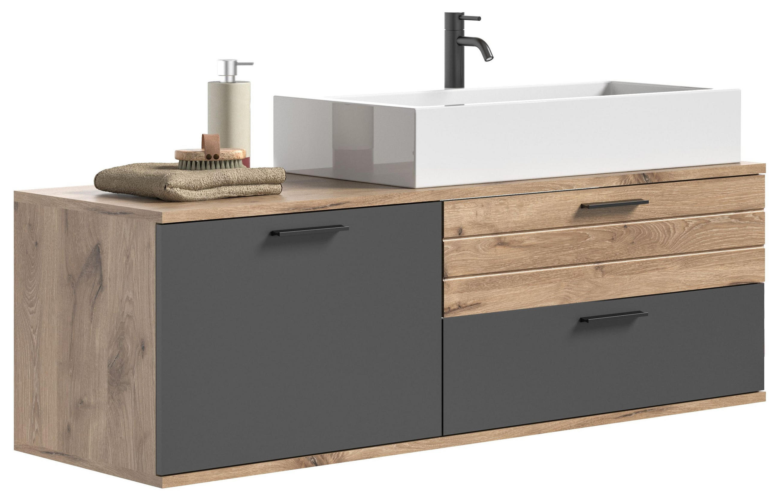 WASCHTISCH inkl. Waschbecken MASON (B/H/T: ca. 140/62/48 cm) in Nox Oak Nachbildung/Basalt grau - Eichefarben, Holzwerkstoff (140/62/48cm)
