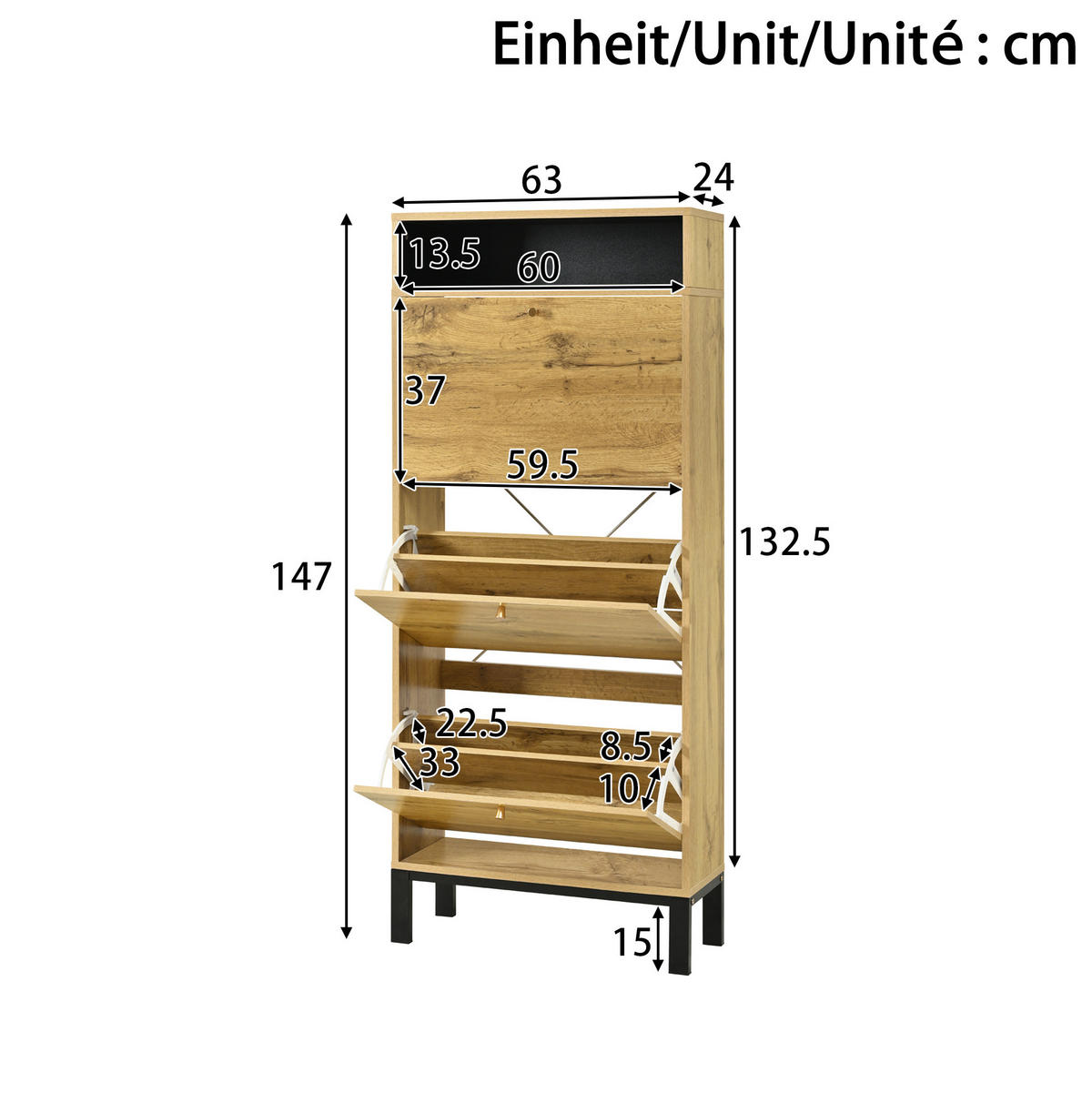 SCHUHSCHRANK 63/24/147 cm aus MDF mit 3 Klappen und offenen Fächern, platzsparend in natürlicher Holzoptik, Natur - Naturfarben, Holzwerkstoff (63/147/24cm) - Redom