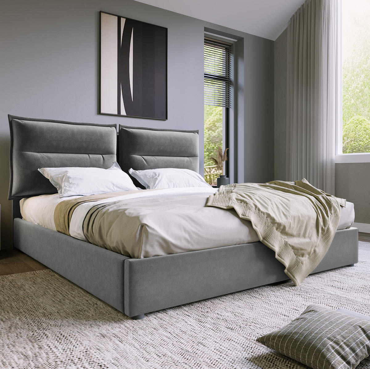 POLSTERBETT 140/200 cm mit hydraulischem Bettkasten & verstellbarem Kopfteil, Grau - Grau, Textil (140/200cm) - Redom