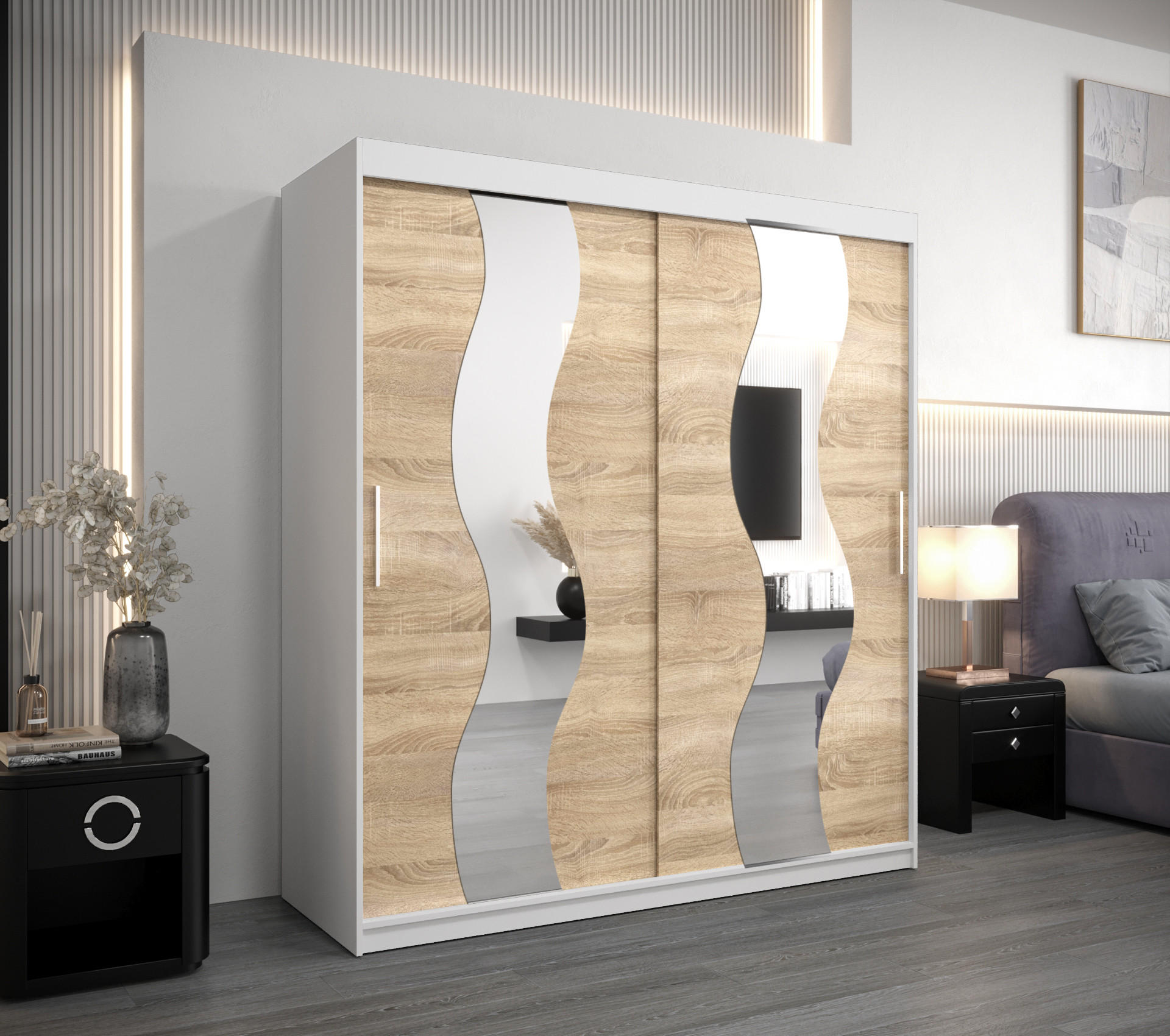 SCHWEBETÜRENSCHRANK 200/180/62 2-türig - Silberfarben/Weiß, Holz/Kunststoff (180/200/62cm) - Abiks Möbel