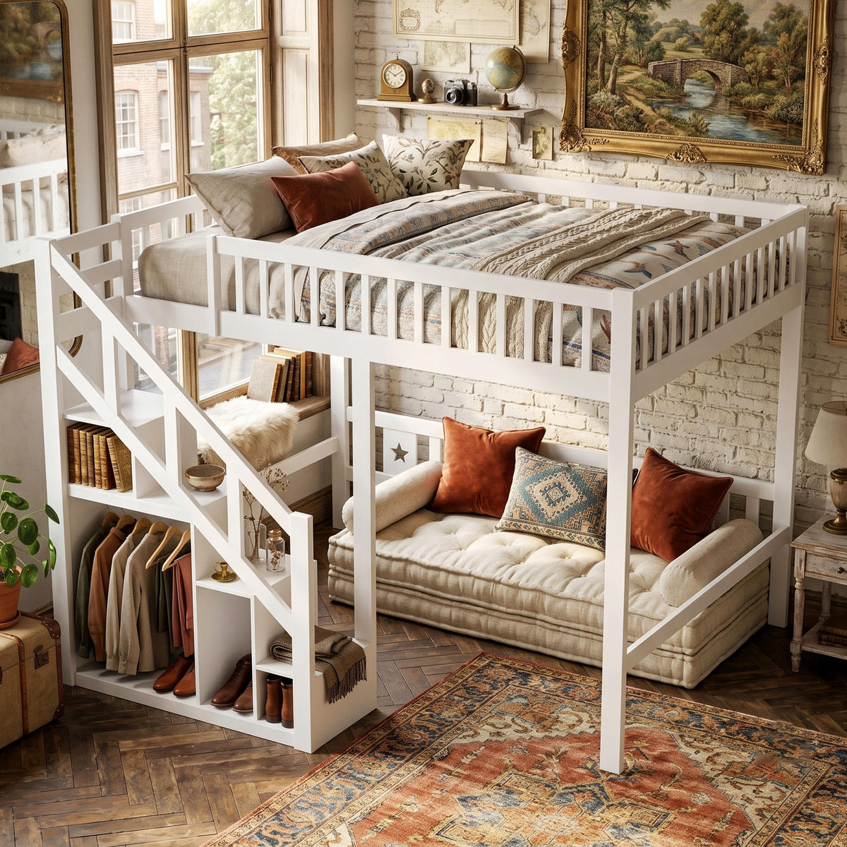 HOCHBETT Modern mit Stauraumtreppe & Kleiderstange 140/200 cm Kiefer-Massivholz Weiß - Weiß, Holz (140/200cm) - Creahappy