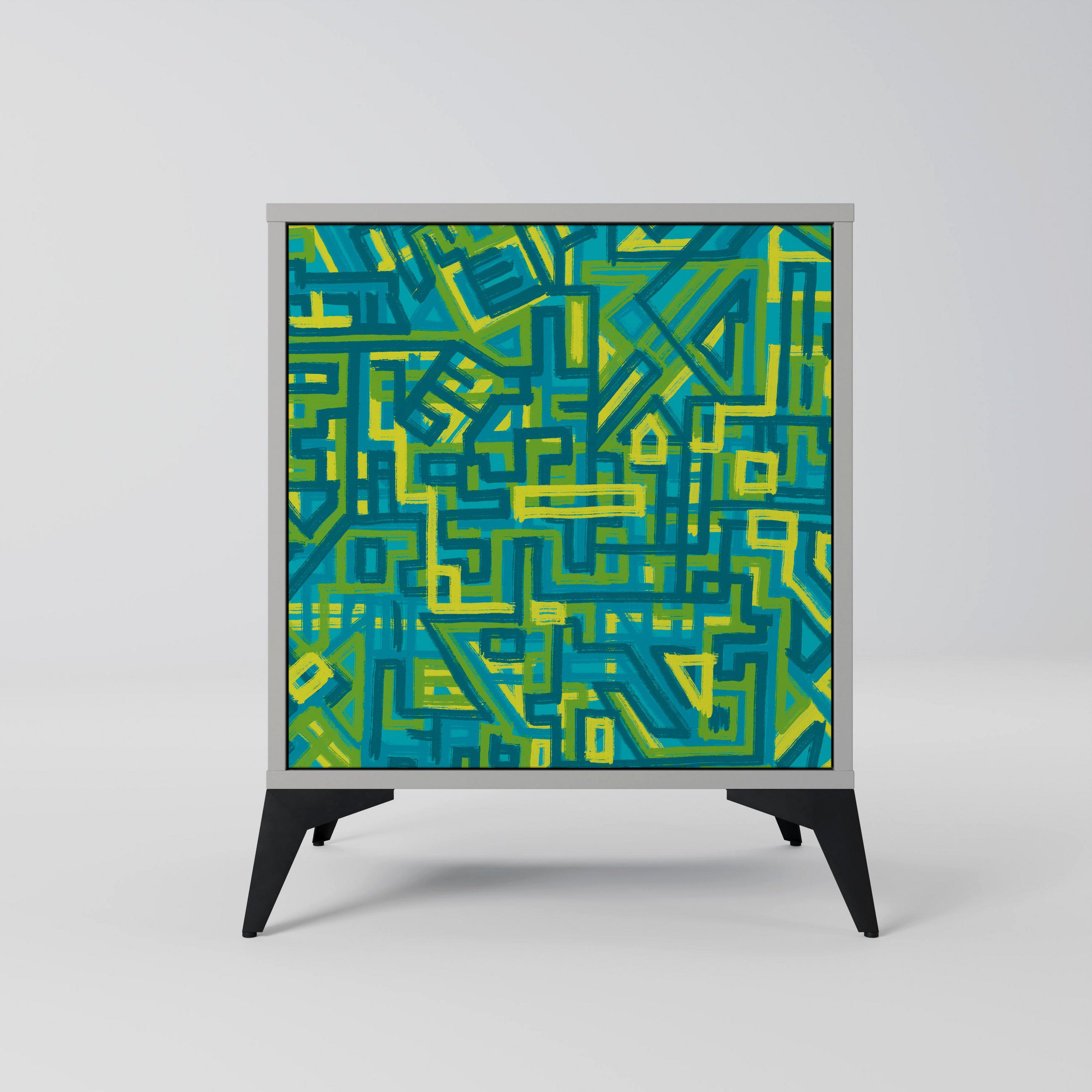 SIDEBOARD NOSTALGIC MEMORIES, Grau, 57,5x42x70,5 cm, Schwarze Metall-Sternfüße - Multicolor/Schwarz, Holzwerkstoff/Metall (57.5/70.5/42cm) - SpaceRebels