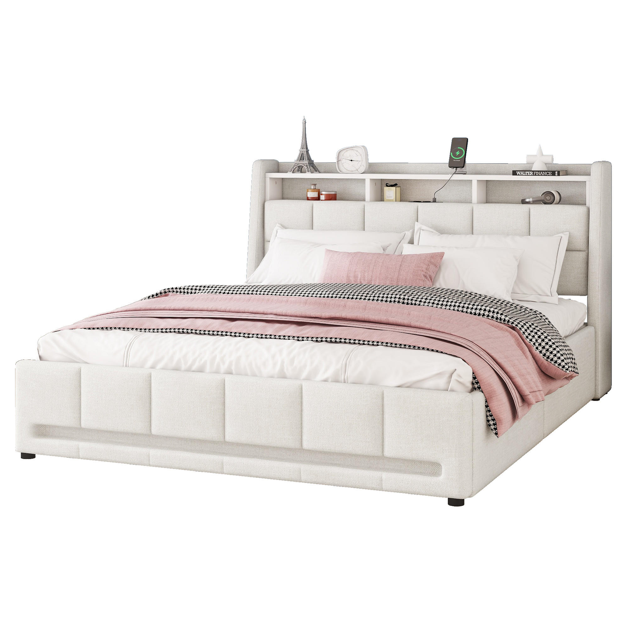 POLSTERBETT 140/200 cm Beige mit Stauraum, USB und LED-Beleuchtung - Beige, Textil (140/200cm) - Flora Grace