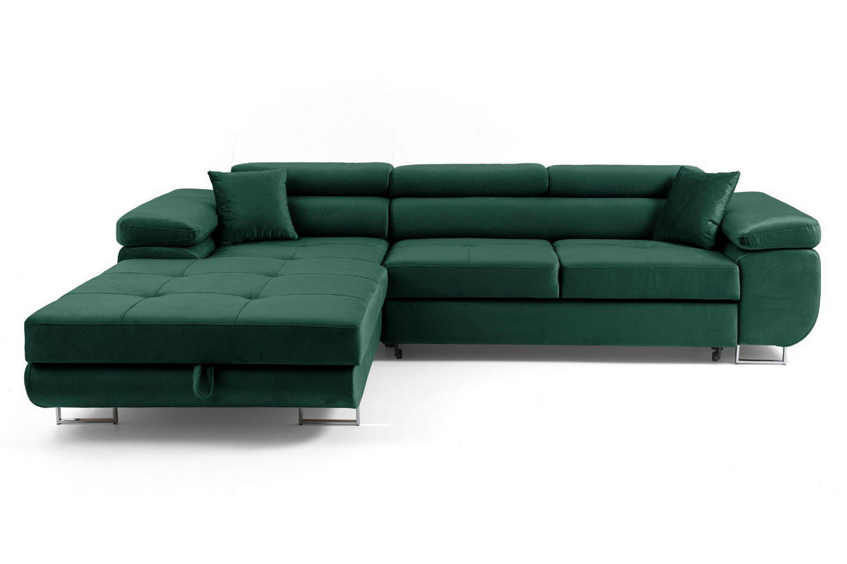 ECKSOFA ALONZO L Links mit Schlaffunktion 125x195 Velours Grün - Silberfarben/Grün, Holz/Textil (275/203cm) - Muffo