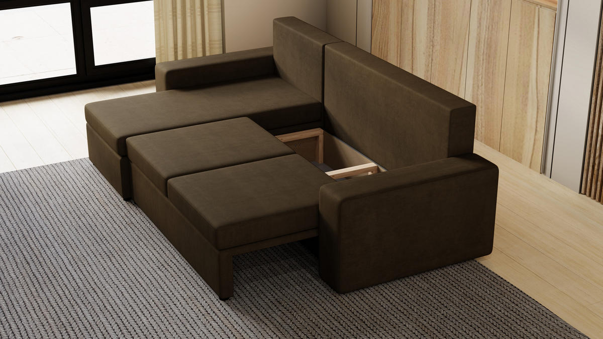 ECKSOFA Paco mit Bettkasten und Schlaffunktion, L-Form/XL-Form, Velourstoff, Universal - Braun, Holzwerkstoff (246/145cm) - 4ALL HOME