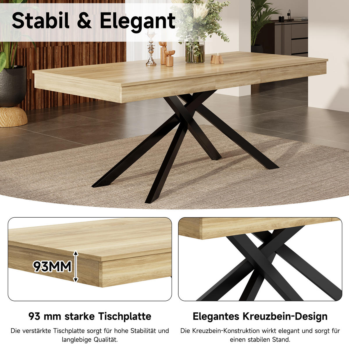 RAZVLAČNI blagovaonski stol 140–180/80 cm za 6–8 osoba, MDF ploča i križne metalne noge, Hrast - boje hrasta, drvni materijal (180/80/76cm) - Redom