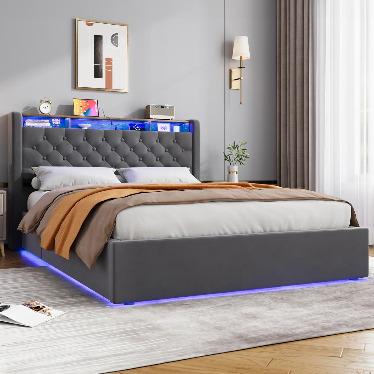 POLSTERBETT 140/190 cm in Dunkelgrau Samt mit Bettkasten, LED-Beleuchtung und USB-Anschluss - Dunkelgrau, Holzwerkstoff/Textil (140/190cm) - CHICFURN