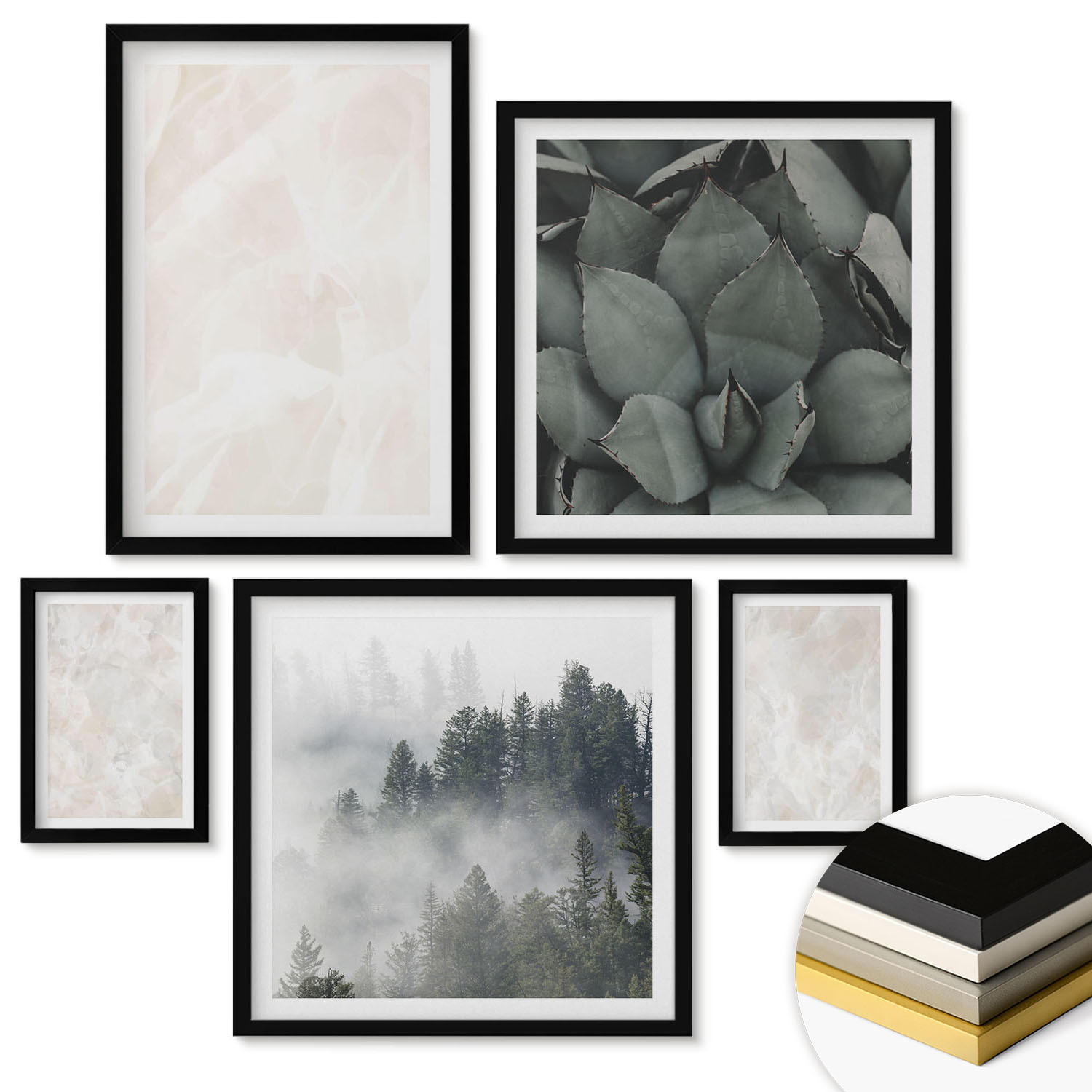 WANDBILDER 5er-Set - 50x50 cm & 20x30 cm & 40x60 cm Schwarzer Rahmen - Steinpastellmarmor - Schwarz, Kunststoff (40/60cm) - ArtPrintCave