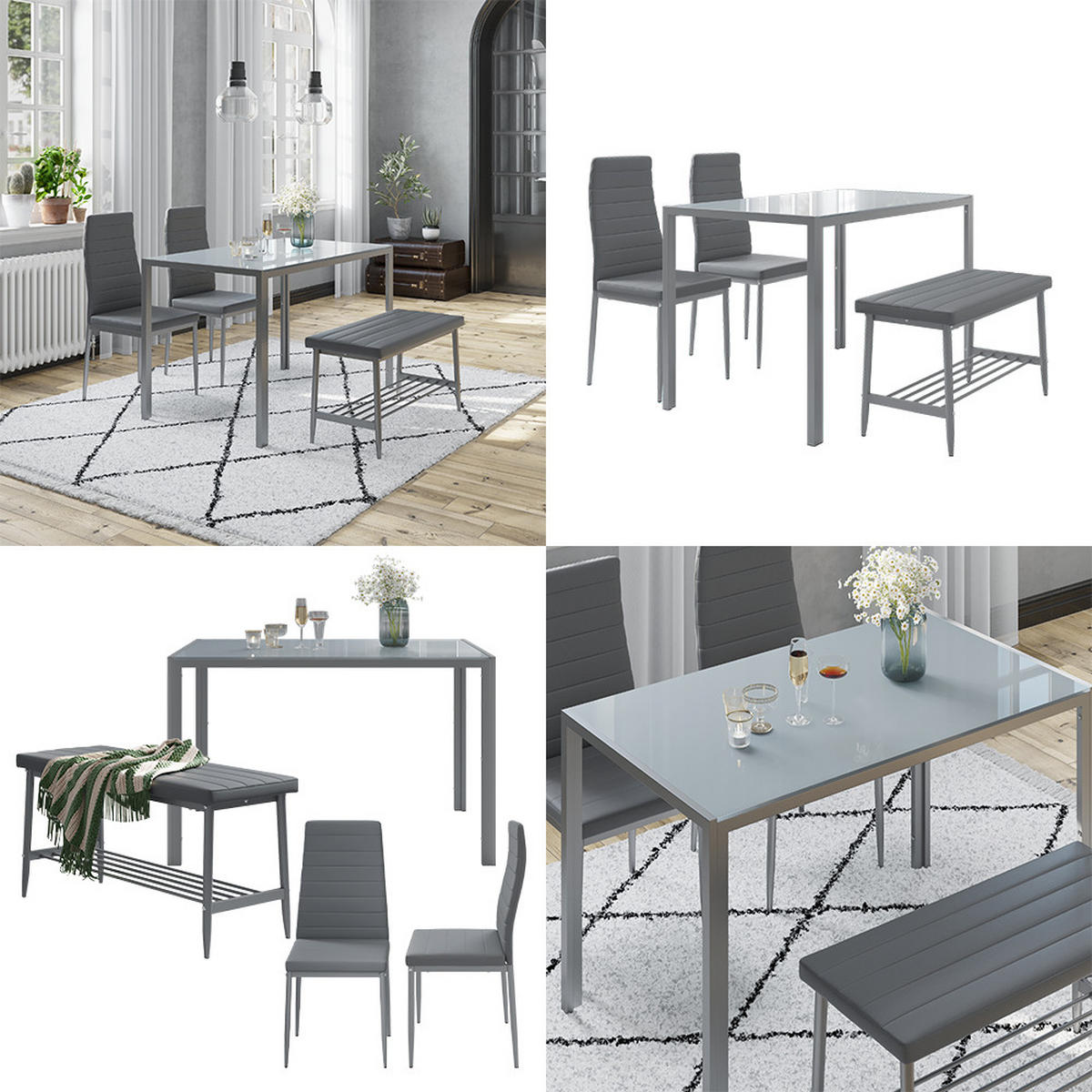 ESSTISCH-SET Grand Grau 120 x 70 cm 4-teiliges Set - Grau, Metall (120/75/70cm) - Vicco