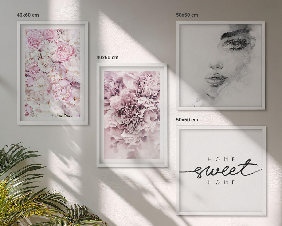 BILDER SET 4er Set - 50x50 cm & 40x60 cm Weißer Rahmen - Pfingstrosenporträt einer Frau für Zuhause - Weiß, Kunststoff (50/50cm) - TULUP