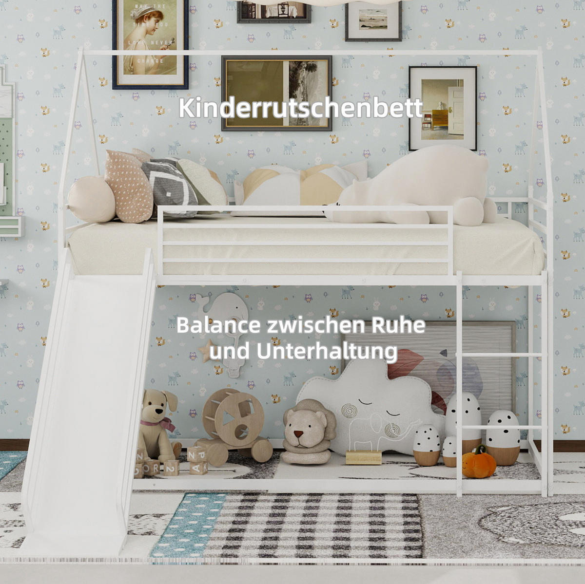 ETAGENBETT 90/200 cm mit Rutsche, Leiter und Spielhausdesign, Weiß - Weiß, Metall (90/200cm) - Redom