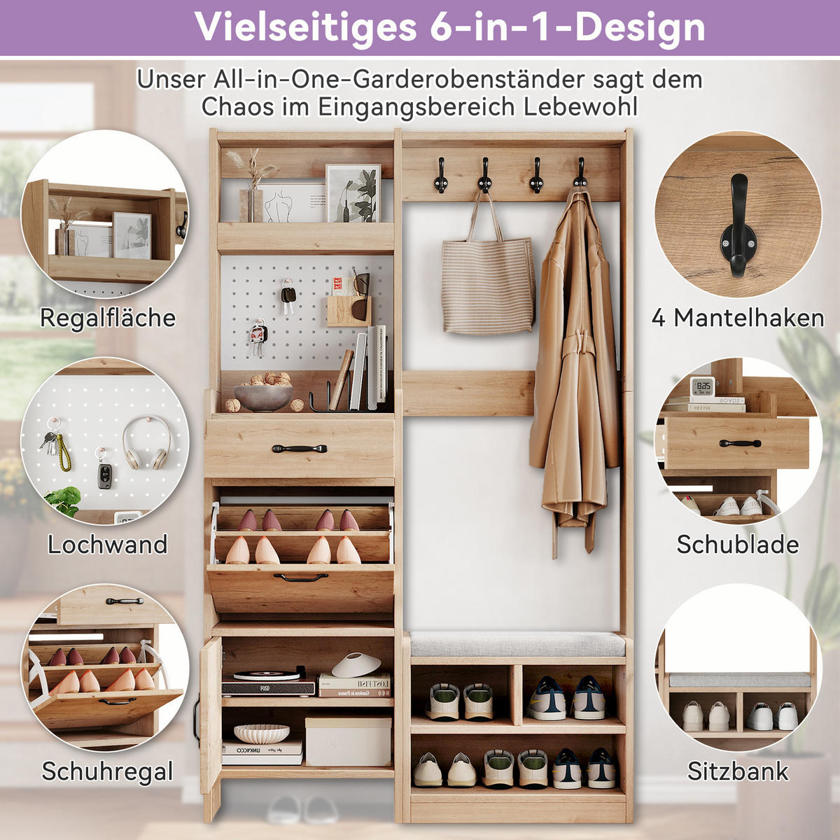 GARDEROBENSET Wand mit Schuhbank 4 Haken Natural 108.5x35x180cm - Multicolor, Holzwerkstoff (35/180/108.5cm) - FLIEKS