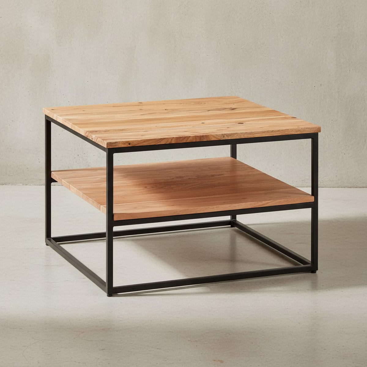 COUCHTISCH Industrial, Akazienholz mit Metallbeinen, zwei Ablageflächen - Beige/Schwarz, Holz/Metall (60/60/41cm) - KADIMA DESIGN