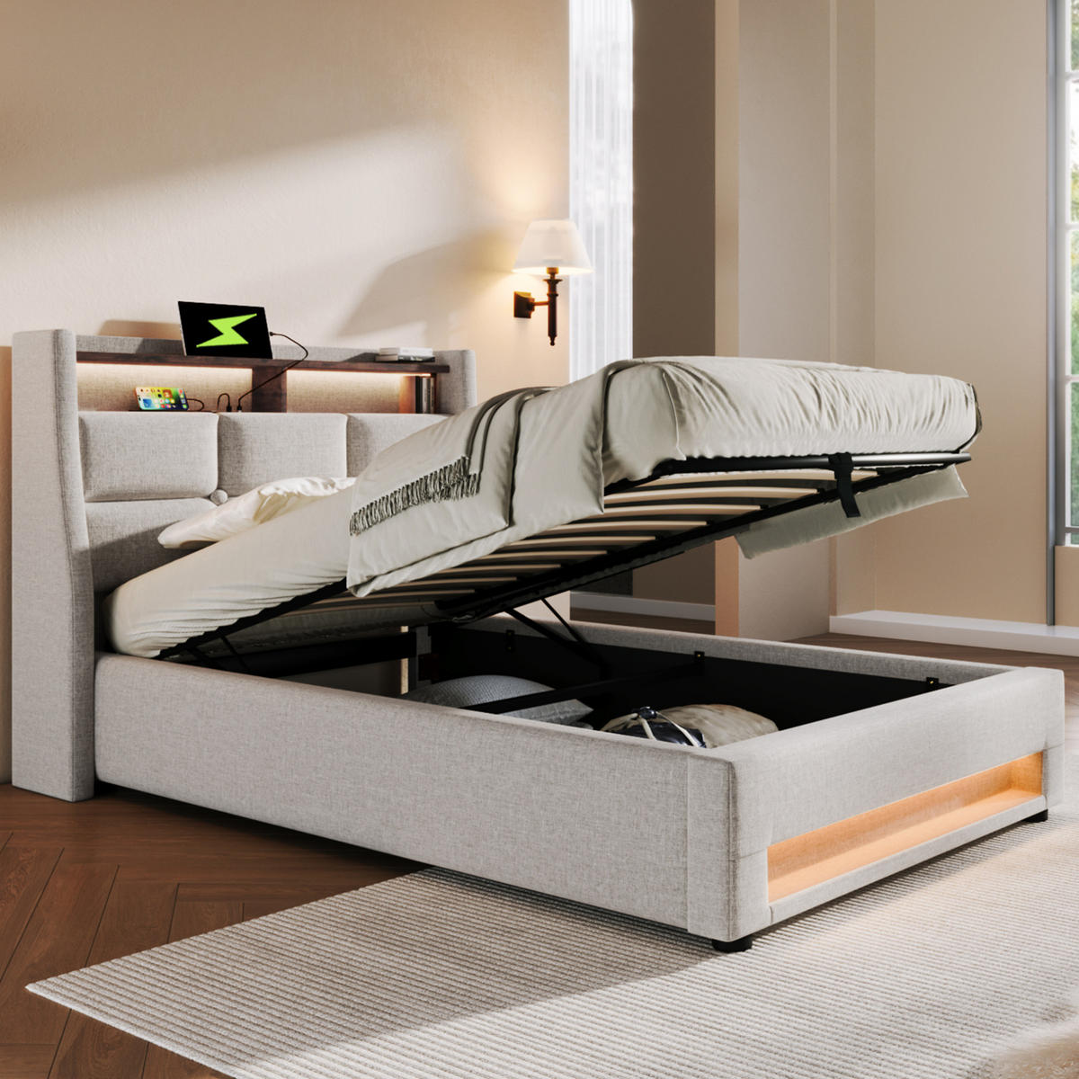 POLSTERBETT mit Stauraum, USB und LED 90x200 cm Beige - Beige, Metall (90/200cm) - Meubliv