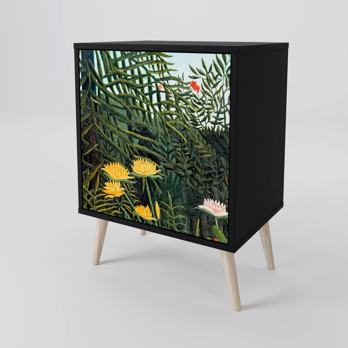 SIDEBOARD VIRGIN FOREST WITH SUNSET, Schwarz, 57,5x42x67,5 cm, Schwarze Metall-Rahmenfüße - Multicolor/Schwarz, Holzwerkstoff/Metall (57.5/67.5/42cm) - SpaceRebels