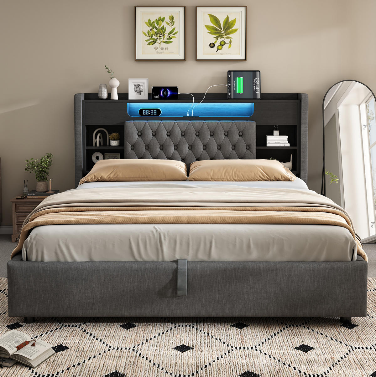 POLSTERBETT 140x200 cm in Grau mit Bettkasten, LED und USB-/USB-C-Anschlüssen - Grau, Textil (140/200cm) - IVMEU