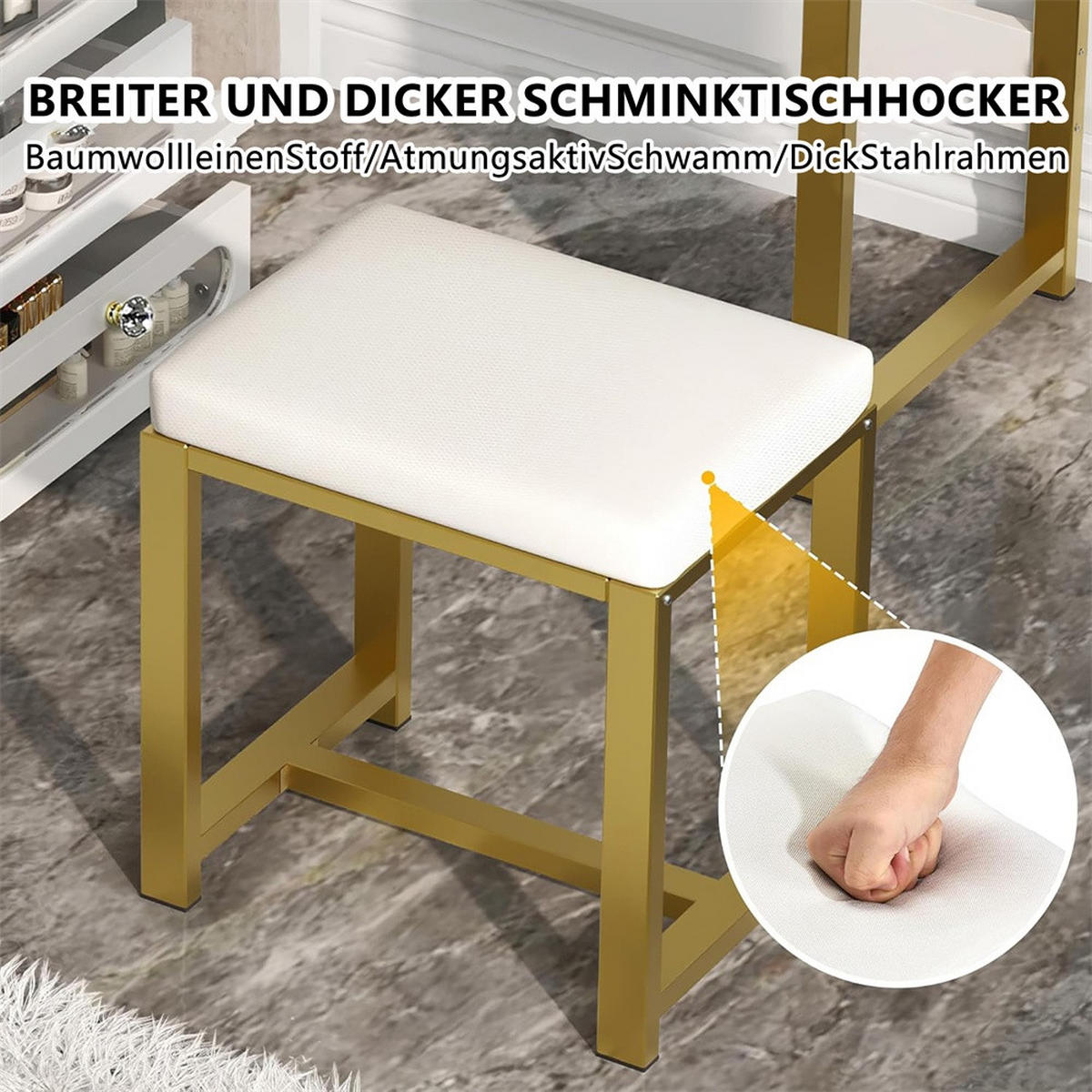 SCHMINKTISCH - Frisiertisch in L-Form mit LED-Beleuchtung - 5 Schubladen und Hocker - Weiß und Gold - Weiß, Holzwerkstoff (80/135/120cm) - DELFA