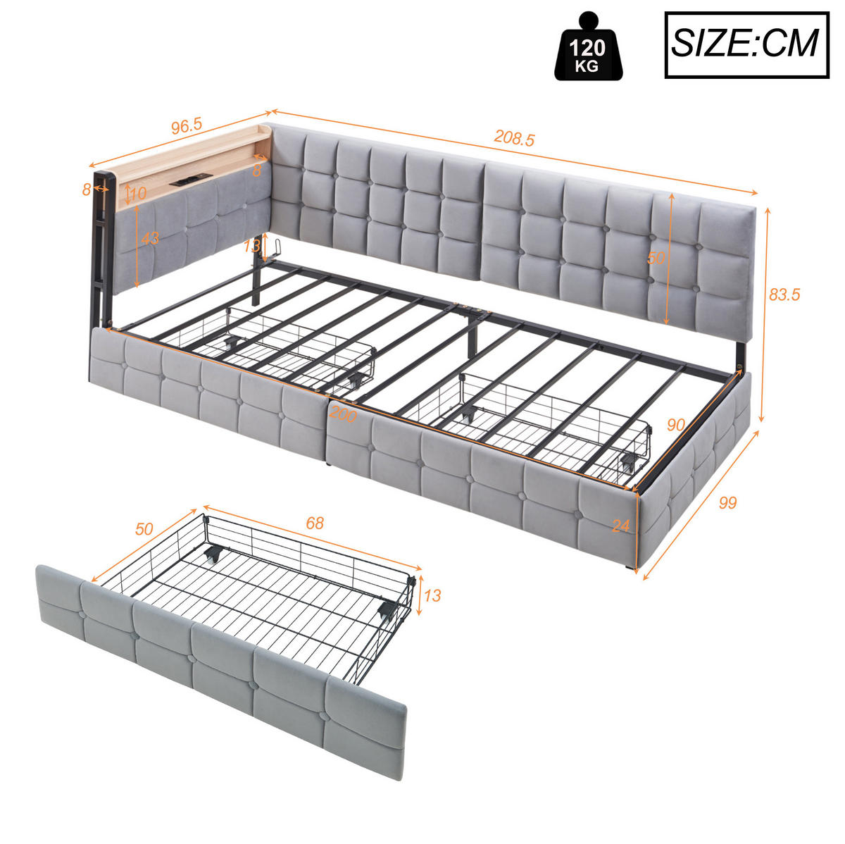 OBLAZINJENA postelja 90/200 cm siva z LED vzglavjem in 2 predaloma - siva, tekstil (90/200cm) - Flora Grace