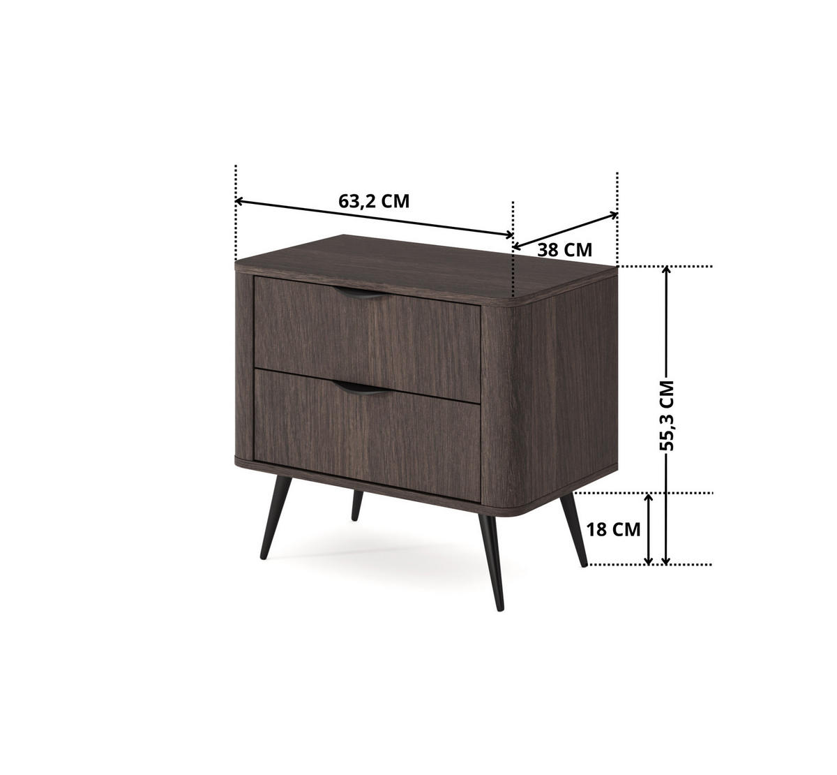 NACHTTISCH Terzo 2S Eiche Dunin mit Metallfüßen - Schwarz - Eichefarben/Schwarz, Holz/Holzwerkstoff (63/55/38cm) - Ravio