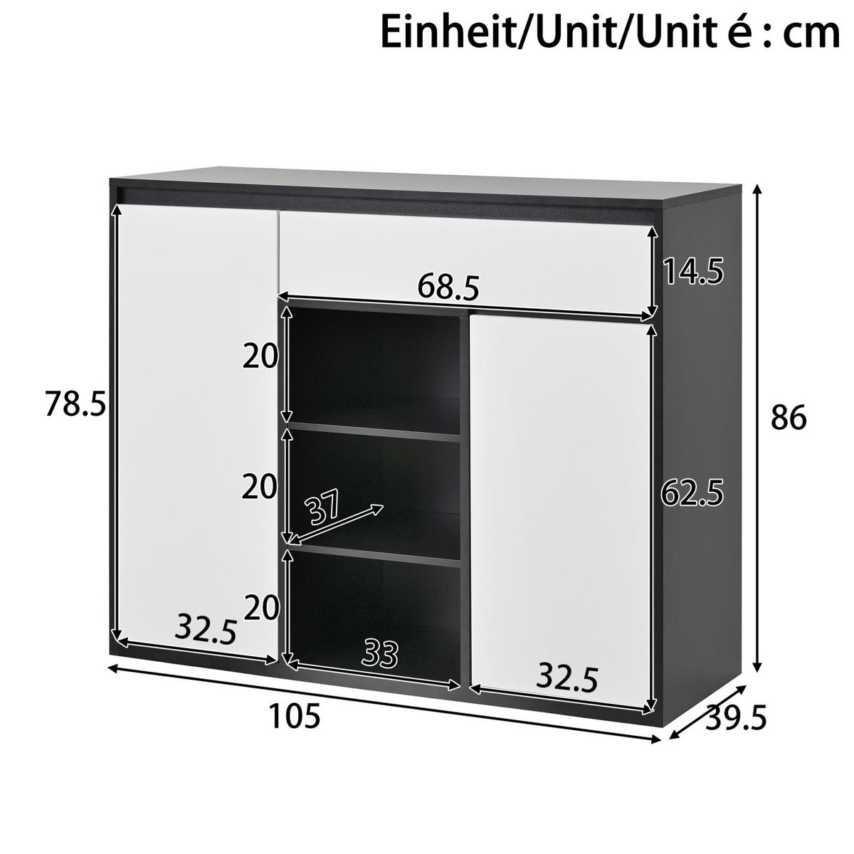 SCHUHSCHRANK 105/39,5/86 cm mit LED-Beleuchtung, verstellbaren Böden und Schubladenfach, Schwarz-Weiß - Schwarz, Holzwerkstoff (105/86/39.5cm) - Redom