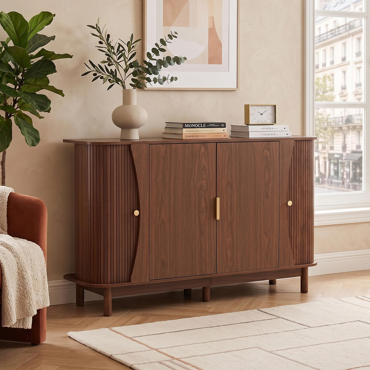 SIDEBOARD 140cm mit geschwungenen Kanten & 2 Türen - Walnussfarben, Holzwerkstoff (140/88/40cm) - Urban Meuble