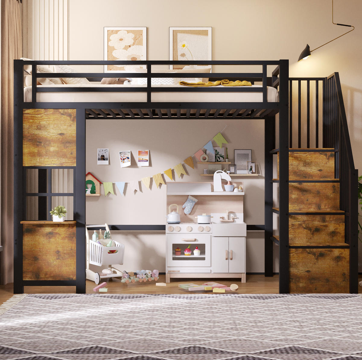 HOCHBETT 90x200 cm in Schwarz mit Stauraumtreppe und offenem Spielbereich - Schwarz, Holzwerkstoff (90/200cm) - IVMEU