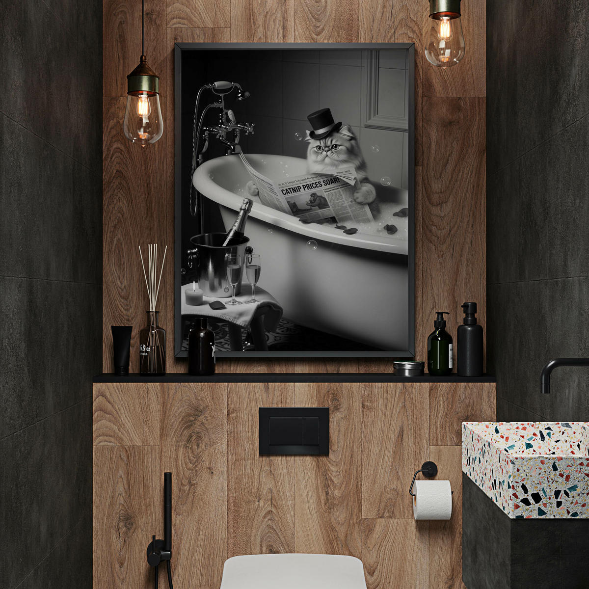 POSTER für Badezimmer WC KATZE in Badewanne Zeitung Abstraktion 20x30cm - Schwarz/Weiß, Papier (20/30/1cm) - Muralo