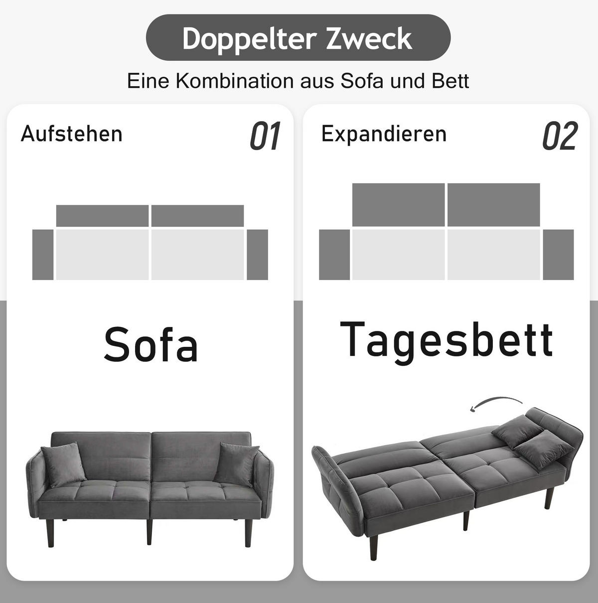 SCHLAFSOFA Samtbezug mit verstellbaren Rückenlehnen und klappbaren Armlehnen Antikgrau 176/78/76 cm - Grau, Textil (78/76/176cm) - Redom