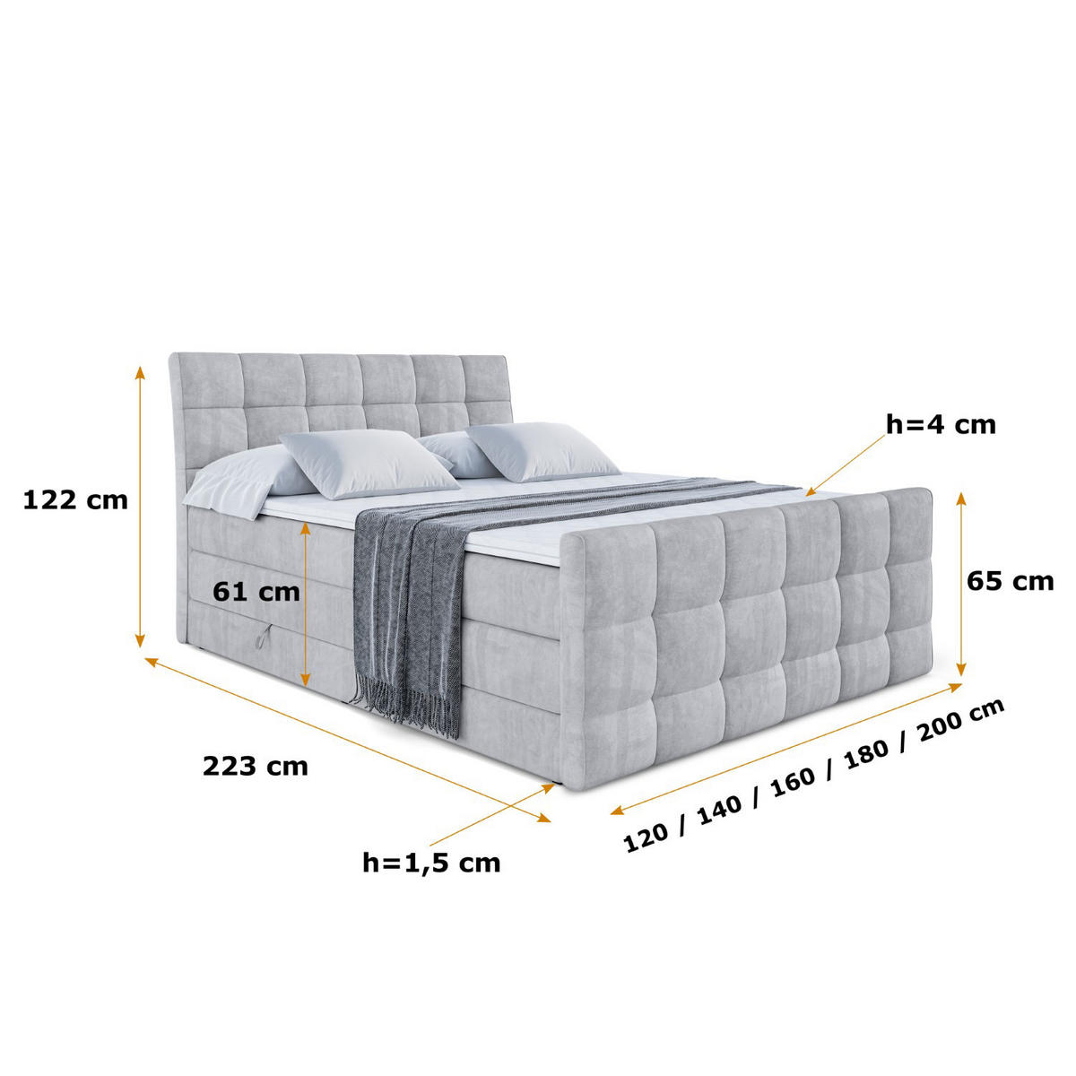 BOXSPRINGBETT APO-Z KING - 200 x 200 - H3/H4 - Hellgrau - Grau, Holzwerkstoff (200/200cm) - ALTDECOR