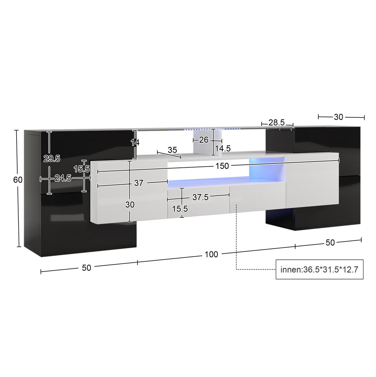 TV-LOWBOARD 200/35/60 cm mit 4 Türen, 2 Schubladen und LED-Beleuchtung - Schwarz, Holzwerkstoff (200/60/35cm) - BEAOK