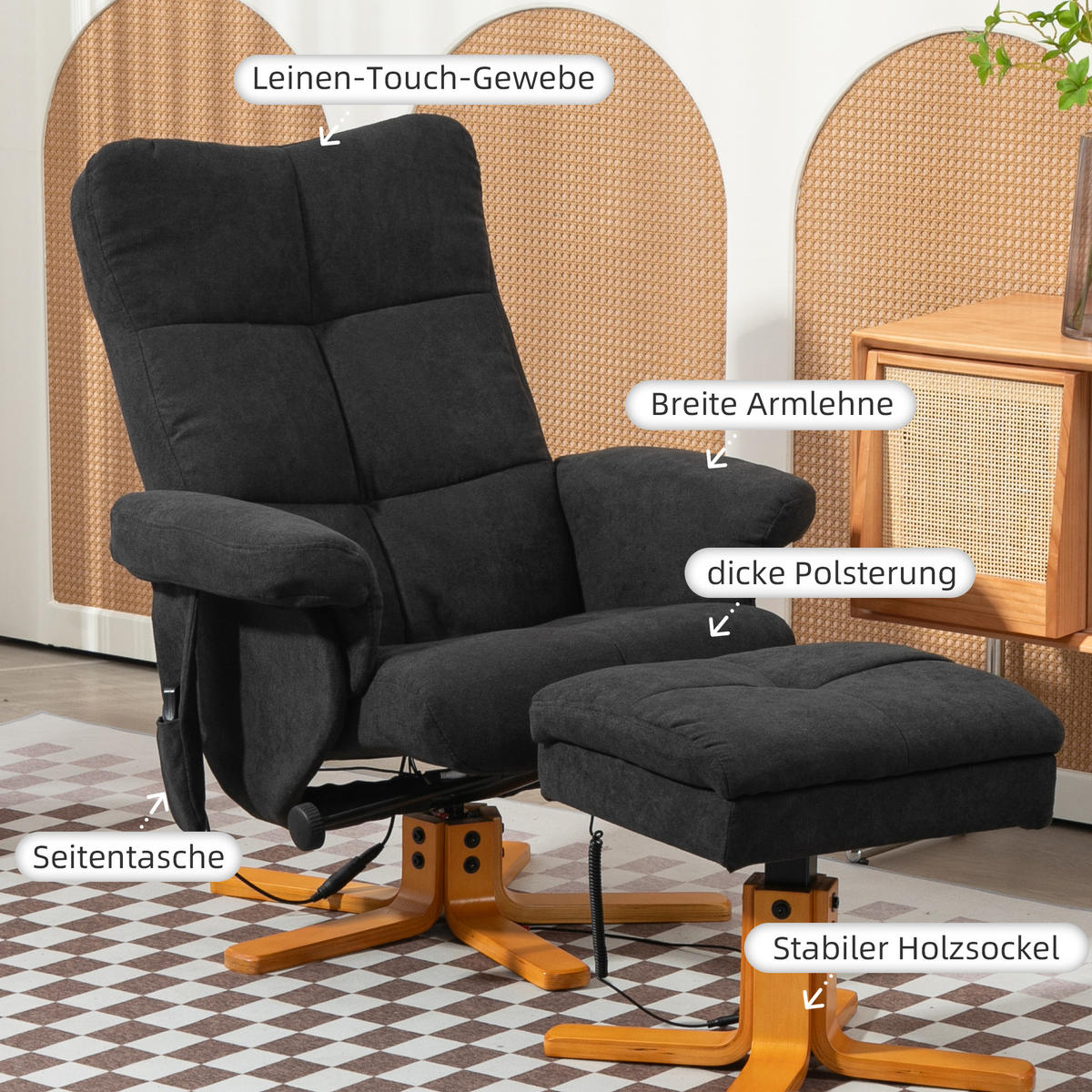 RELAXSESSEL mit Fußhocker, Stauraum, Massagesessel mit Liegefunktion Schwarz - Schwarz, Holz/Textil (86/99/80cm) - HOMCOM
