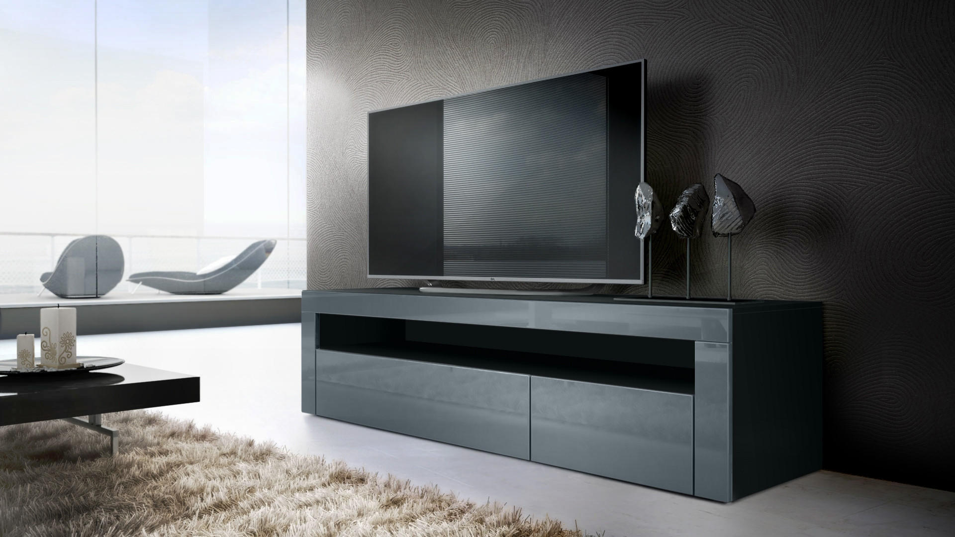 WOHNZIMMERSET Berlin Grau Hochglanz - Grau, Holzwerkstoff (155/46/40cm) - Vladon