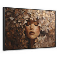 LEINWAND Bilder mit Rahmen - Gesicht - Dame - Blätter - Pinselstriche - 90x60 - Goldfarben, Textil (90/60cm) - MuchoWow