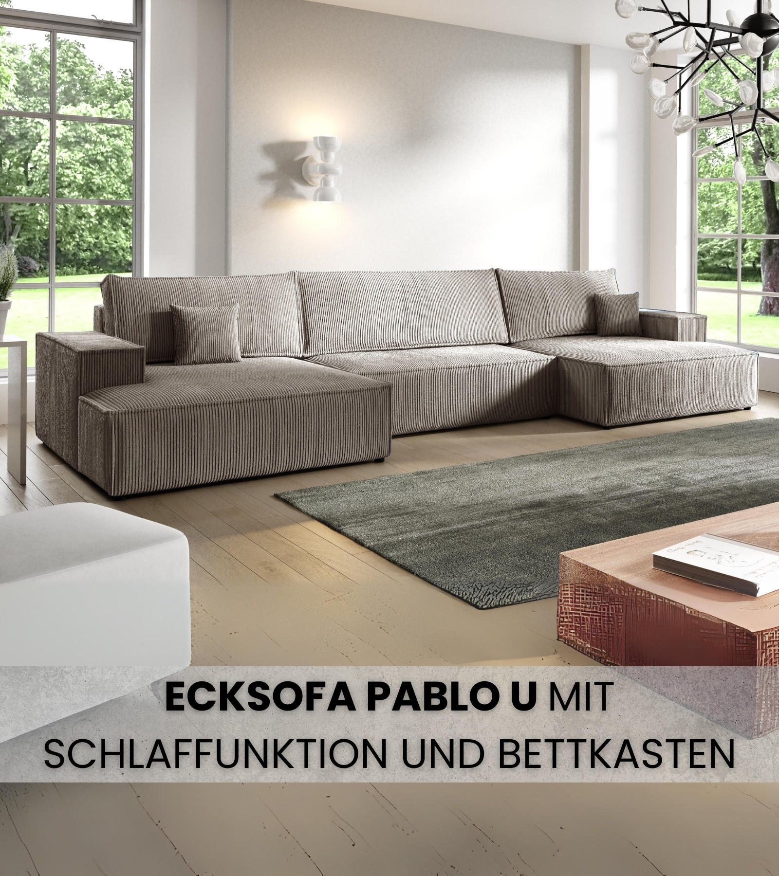 WOHNLANDCHAFT Pablo U mit Schlaffunktion Beige Cord - Beige, Textil (398/85/148cm) - Bromarkt