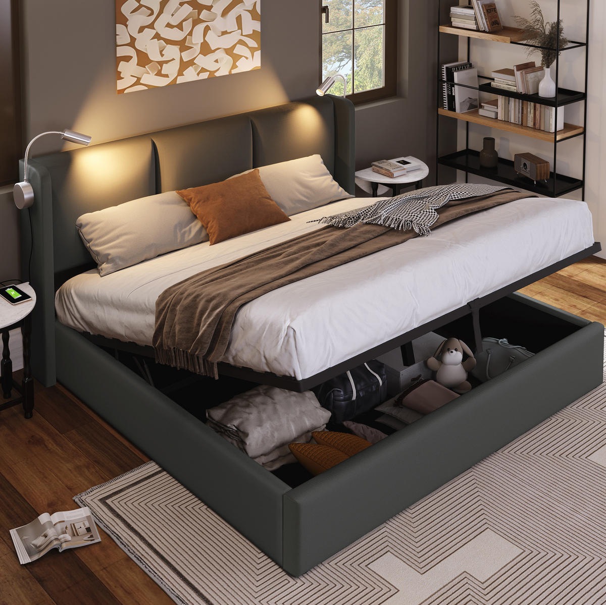 POLSTERBETT 160/200 cm Grau aus PU mit Bettkasten - Grau, Kunststoff (160/200cm) - OKMYHOME