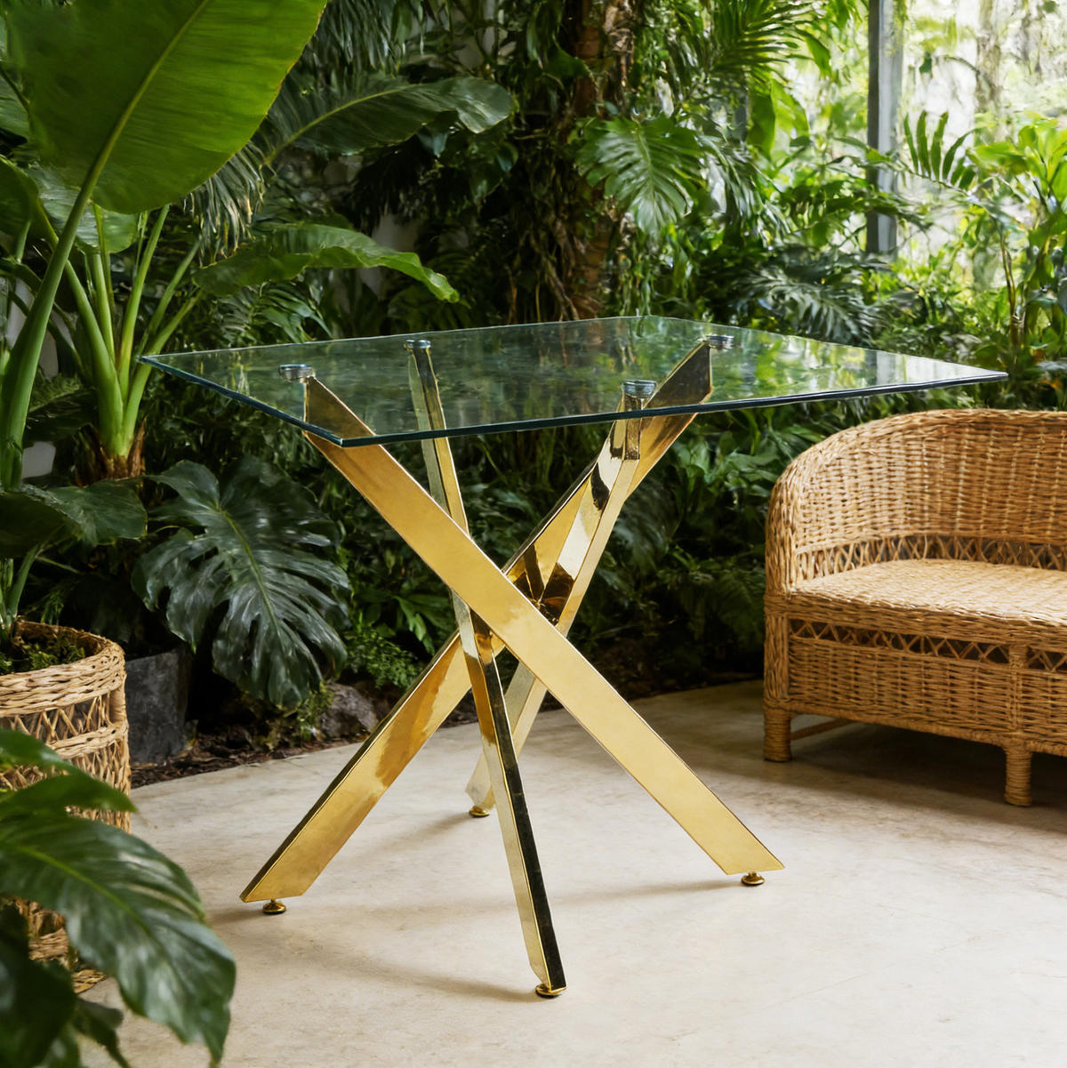 ESSTISCH mit Glasplatte und Metallgestell Golden - Goldfarben, Metall (80/80/75cm) - Meubliv