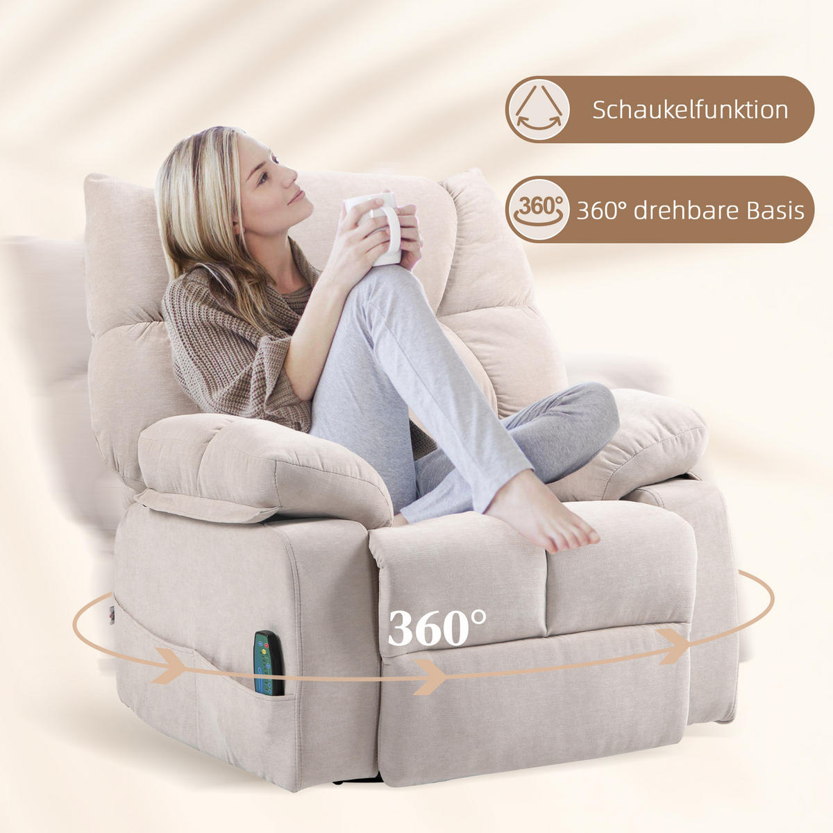 RELAXSESSEL mit Massagefunktion, Elektrisch Fernsehsessel mit Wärmfunktion - Beige/Schwarz, Textil/Metall (90/98/98cm) - HOMCOM