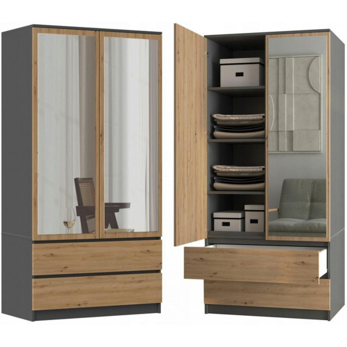 KLEIDERSCHRANK Wäscheschrank Laminierter Spanplatte - Anthrazit/Eiche Artisan, Holzwerkstoff (90/180/50cm) - Ibonto