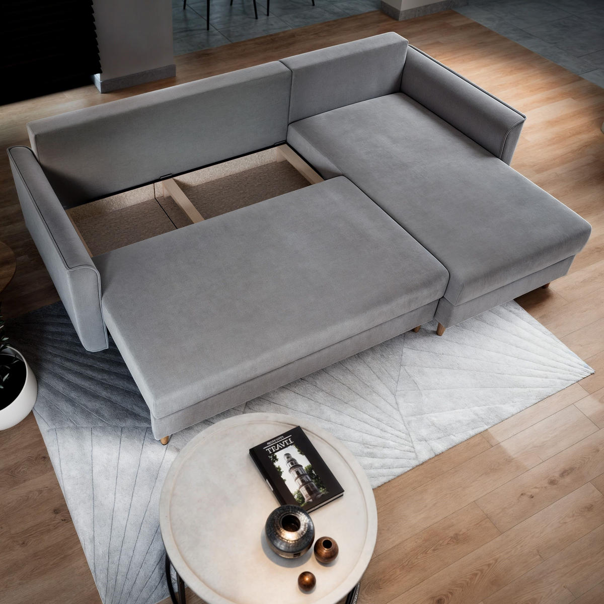 ECKSOFA PISAN R-S Rosa Plüsch-Stoff mit Schlaffunktion - Rosa, Holz (220/140cm) - MASSENO