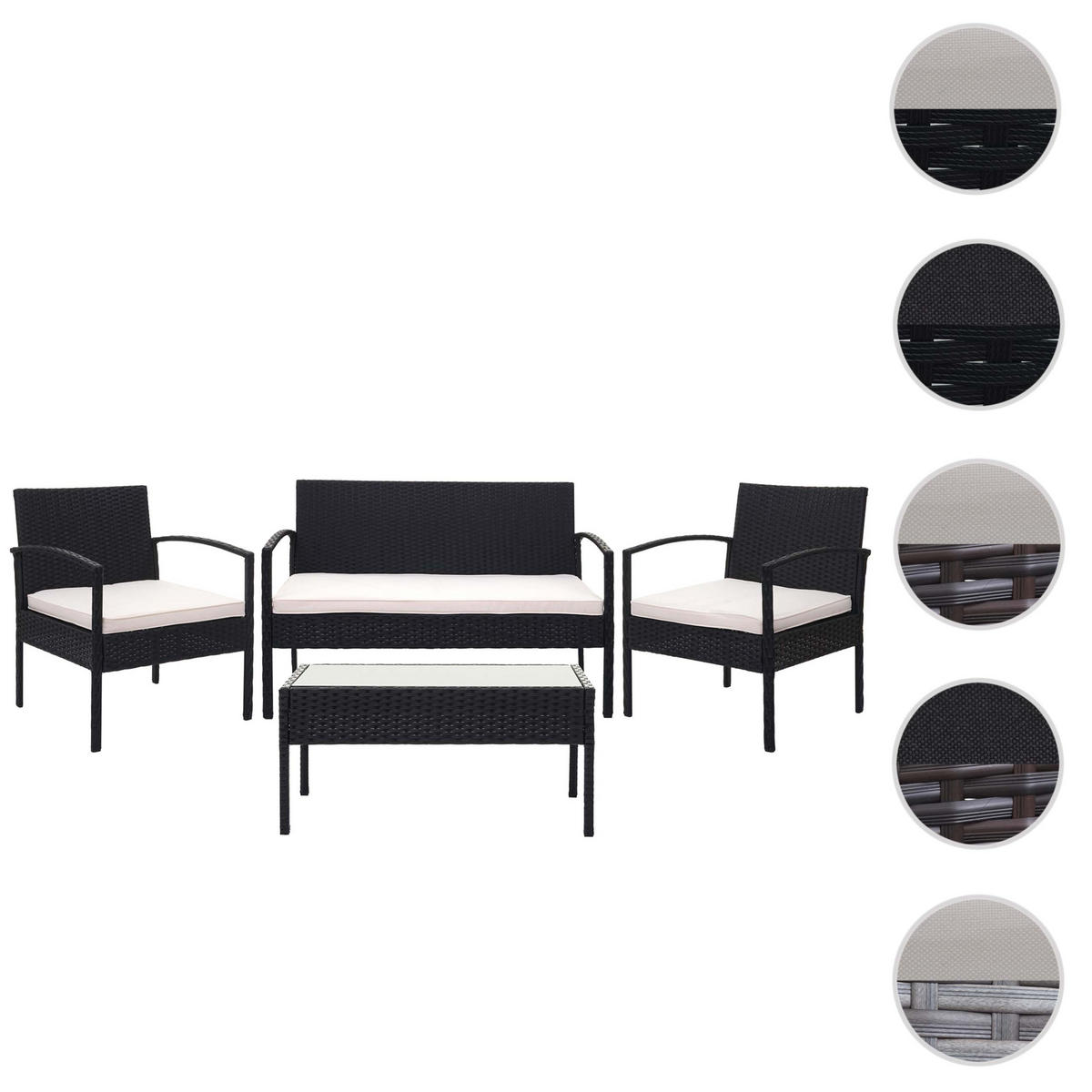 POLY-RATTAN GARNITUR Schwarz, Cremeweiß - Schwarz/Weiß, Kunststoff - MCW