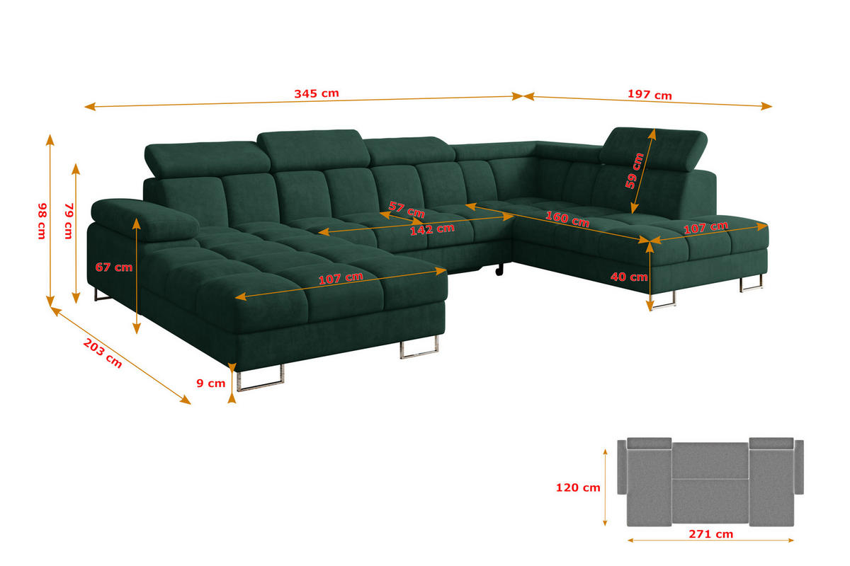 WOHNLANDSCHAFT mit Schlaffunktion und Bettkasten Ottomane RECHTS COMA U 345x203x79 Grün Velours - Grün, Holzwerkstoff/Textil (203/79/345cm) - ALTDECOR