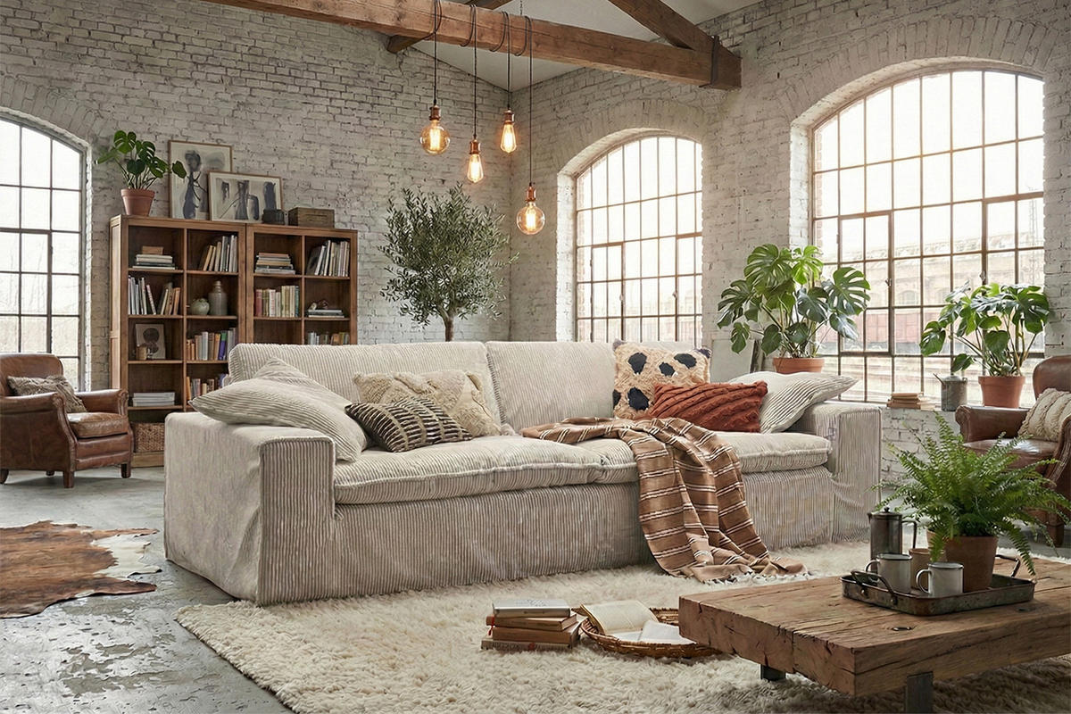 SOFA NETTA Cremeweiß Cord - Creme/Braun, Birkenholz/Textil (258/90/116cm) - KAWOLA