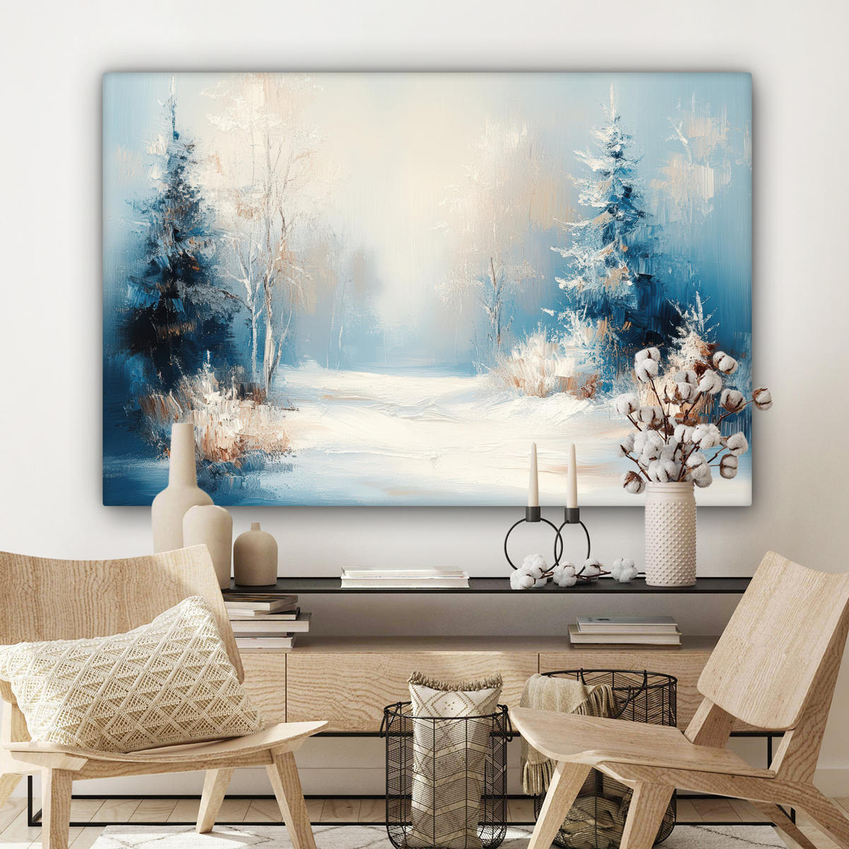 LEINWANDBILD Wald - Winter - Natur - Abstrakt - Schnee Wohnzimmer Groß 120x80 cm - Weiß, Textil (120/80cm) - MuchoWow