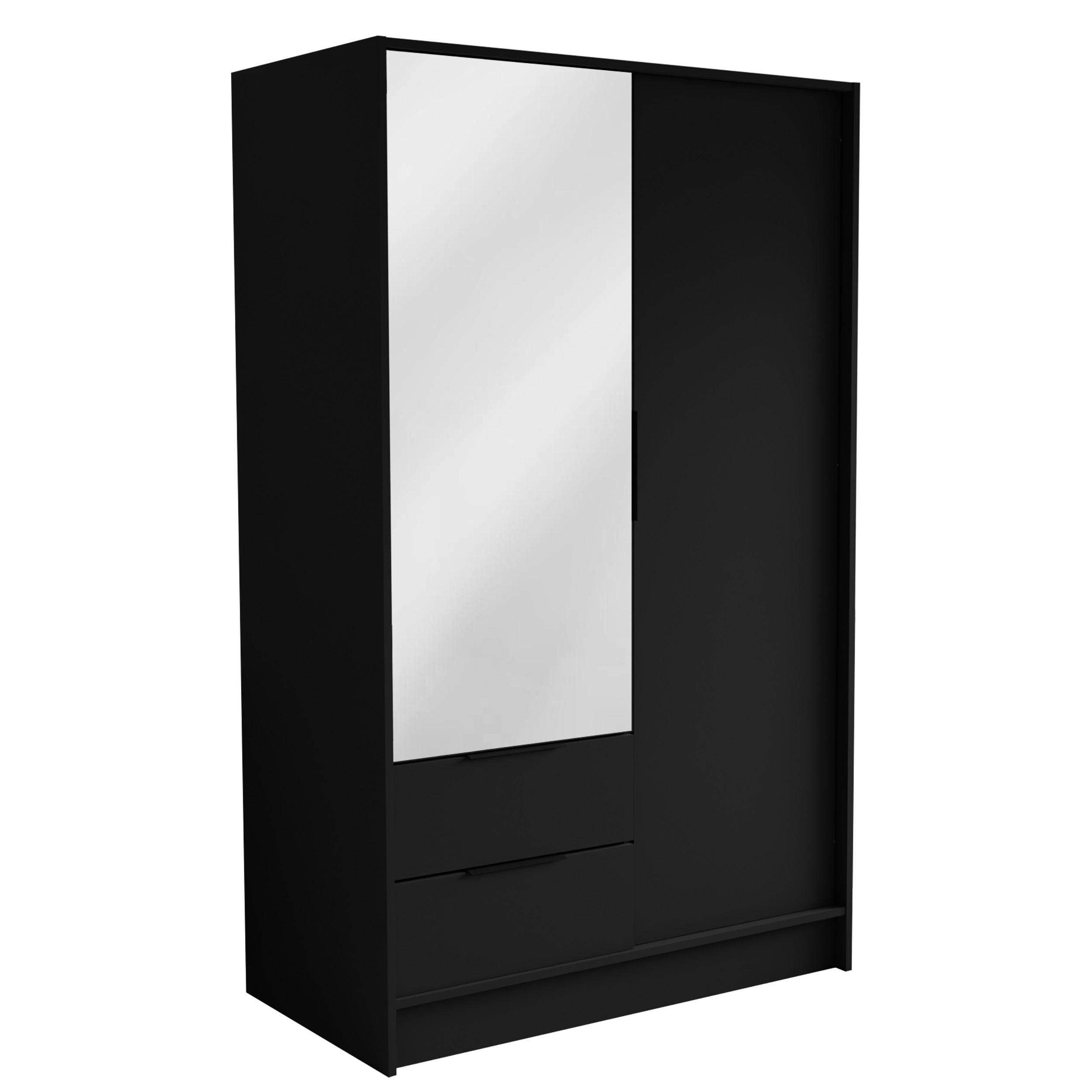 DREHTÜRENSCHRANK CAVA 102/200/51 cm Modern Kleiderschrank 2-türig mit Spiegel Schwarz - Schwarz, Holzwerkstoff (102/200/51cm) - MASSENO