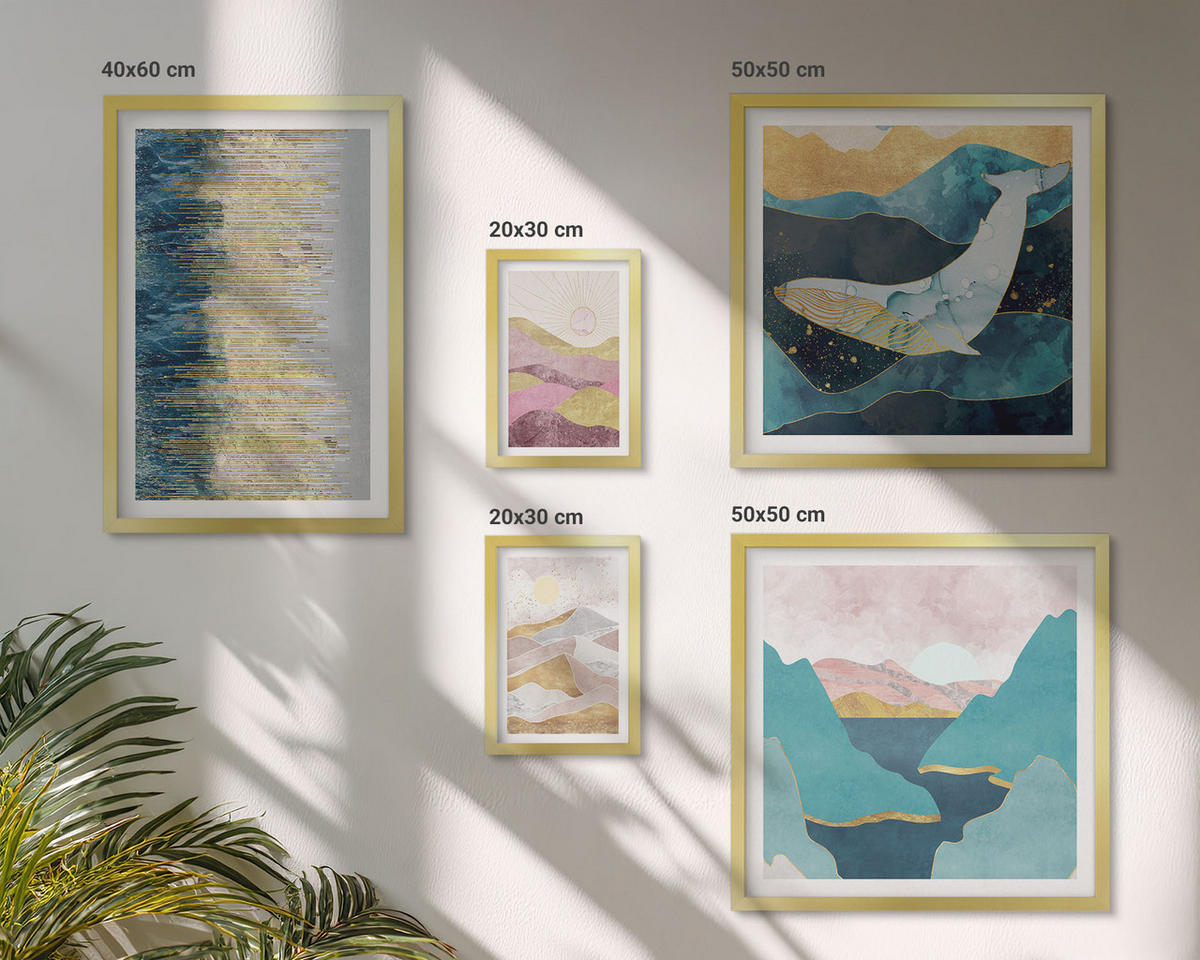 WANDBILDER 5er Set - 50x50 cm & 20x30 cm & 40x60 cm Goldrahmen - Abstrakte Berge Sonne - Goldfarben, Kunststoff (40/60cm) - ArtPrintCave