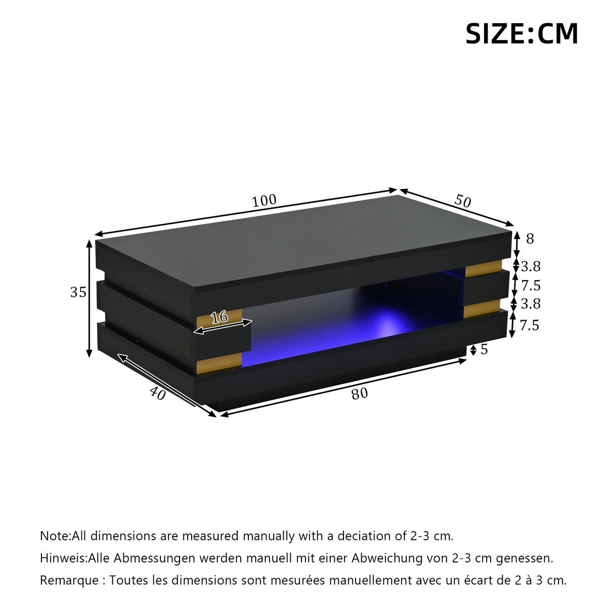 COUCHTISCH Schwarz LED 100x50x35cm mit Stauraum und Spanplatte - Schwarz, Holzwerkstoff (100/50/35cm) - FLIEKS