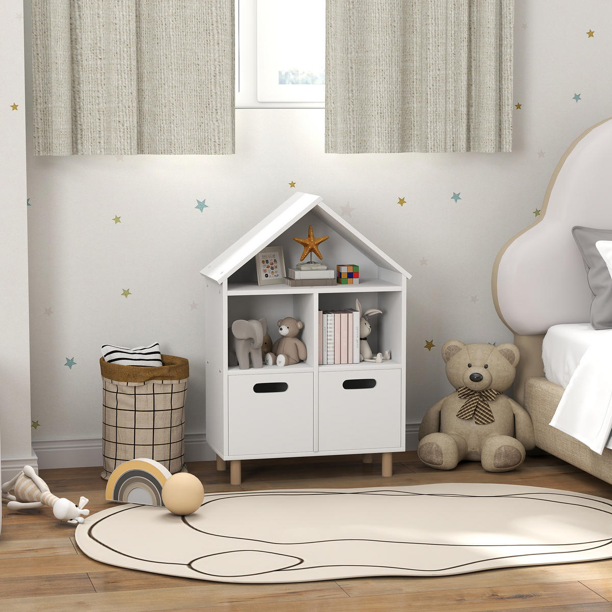 KINDERREGAL DE-17241 3 Ebenen mit 2 Schubladen, Hausform Weiß - Weiß, Holzwerkstoff (63.7/89.5/29.7cm) - ComfortXL
